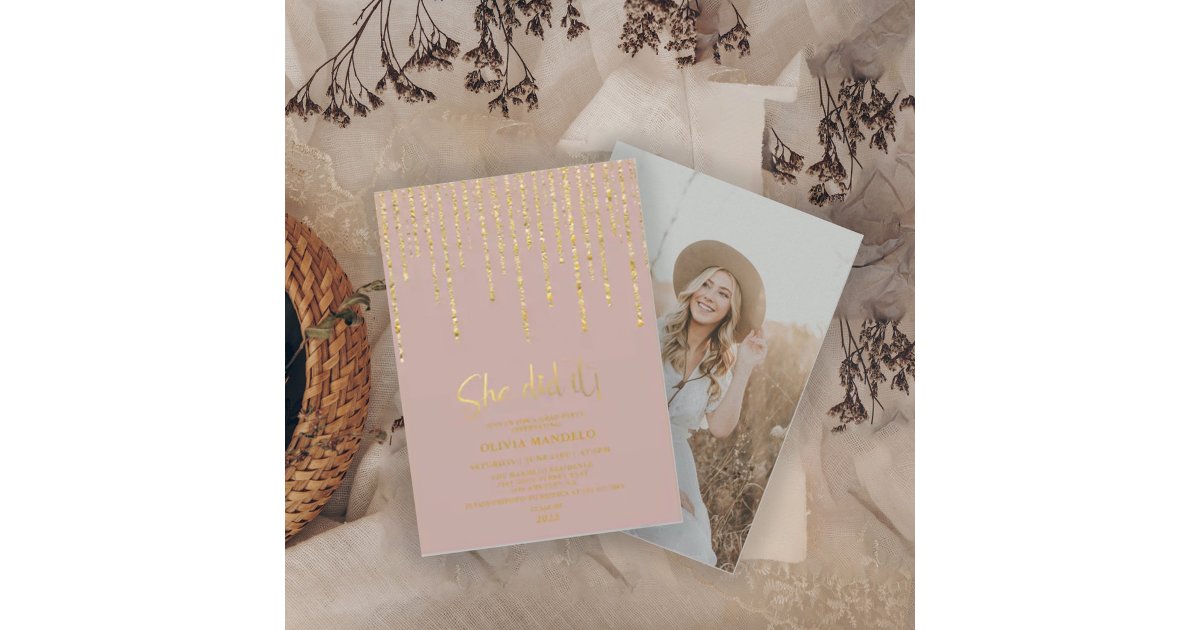 Modern Dusty Rose Gold Glitter Grad Party Photo Invitation | Zazzle