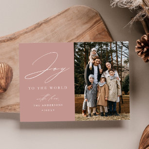 Modern Dusty Rose Joy to the World Photo Holiday Card