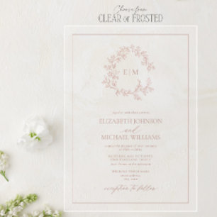 Modern Dusty Rose Leafy Crest Monogram Wedding Acrylic Invitations