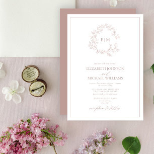 Modern Dusty Rose Leafy Crest Monogram Wedding Invitation