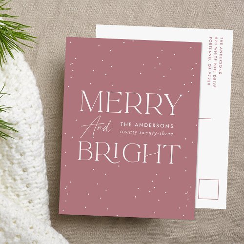 Modern Dusty Rose Merry and Bright Non_Photo Holiday Postcard