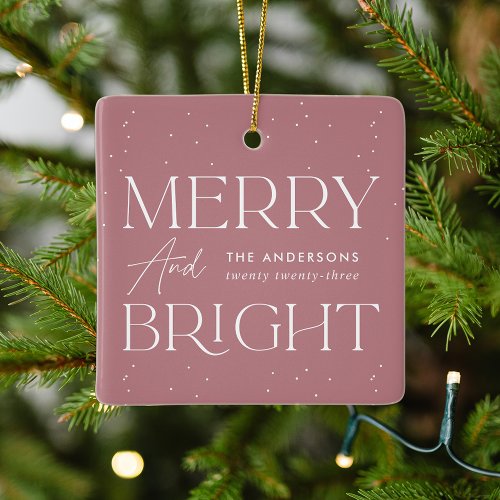 Modern Dusty Rose Merry and Bright Photo Ceramic Ornament