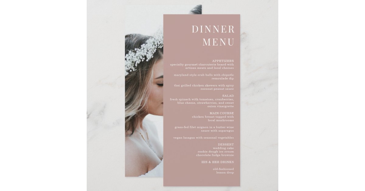 Modern Dusty Rose Minimalist Photo Dinner Menu | Zazzle