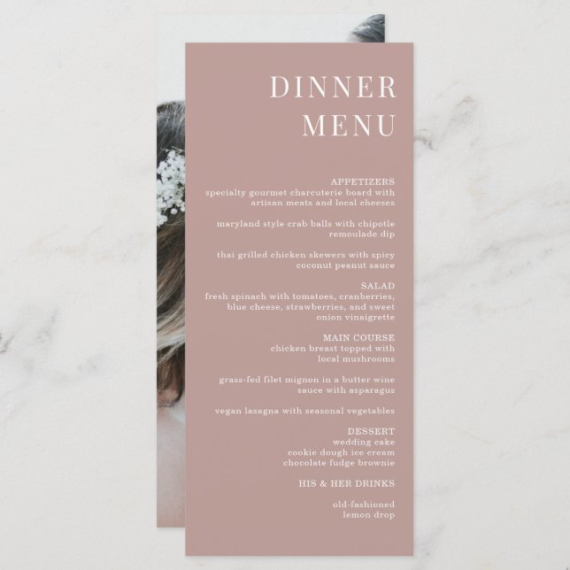 Modern Dusty Rose Minimalist Photo Dinner Menu (Front/Back)