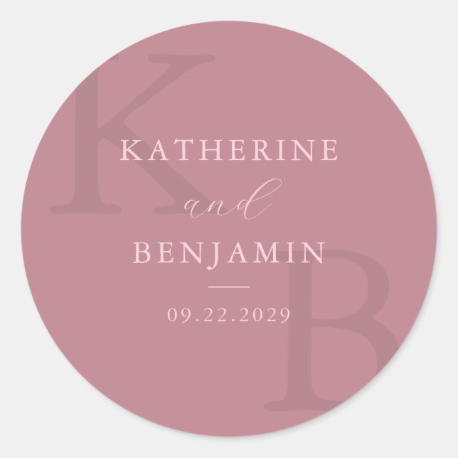 Modern Dusty Rose Monogram Minimalist Wedding Classic Round Sticker (Front)