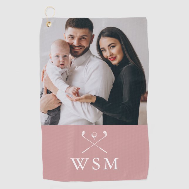 Modern Dusty Rose Monogram Photo Golf Clubs Golf Towel (Front)