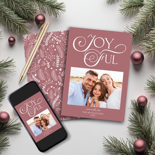 Modern Dusty Rose Pattern Joyful Holiday Photo Card (Modern Dusty Rose Pattern Joyful Holiday Photo Card)