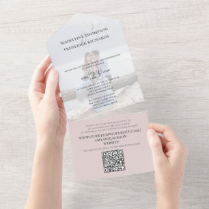 Modern Dusty Rose Photo Minimalist QR Code RSVP All In One Invitation