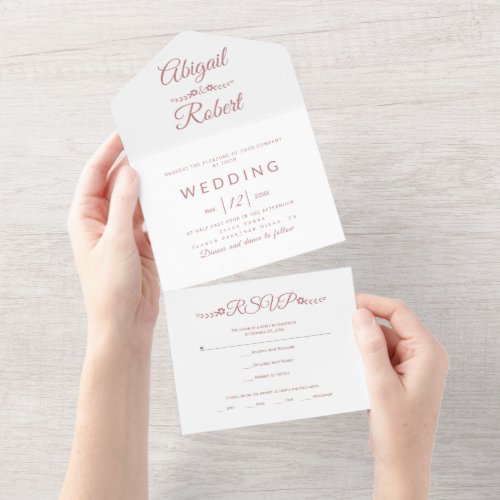 Modern dusty rose pink typography white wedding   all in one invitation