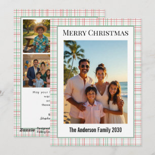 Modern Dusty Rose Sage Plaid 5 Photo  Christmas Holiday Card