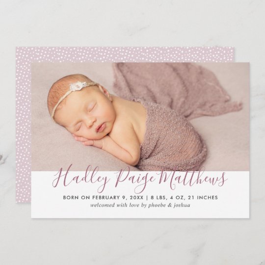 Modern Dusty Rose Script Baby Girl Photo Birth Announcement