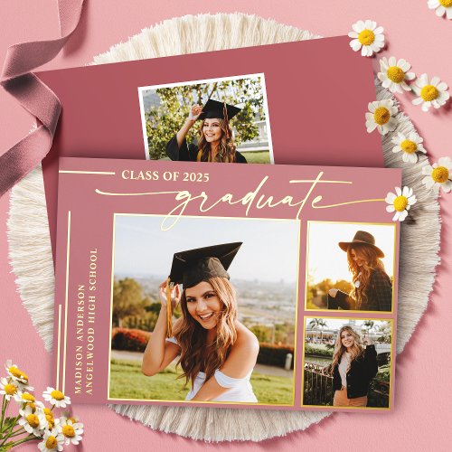 Other Occasions 18 Modern Dusty Rose Script Graduate Photo Graduation Foil Invitation