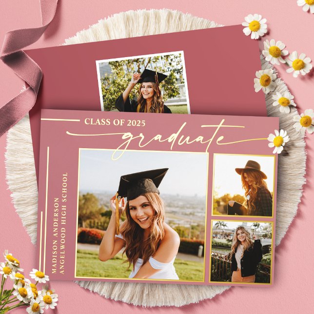 Modern Dusty Rose Script Graduate Photo Graduation Foil Invitation (Creator Uploaded)