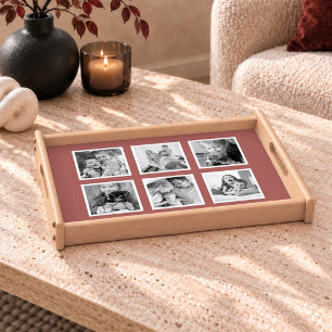 Modern Dusty Rose Six Square Photo Collage Serving Tray