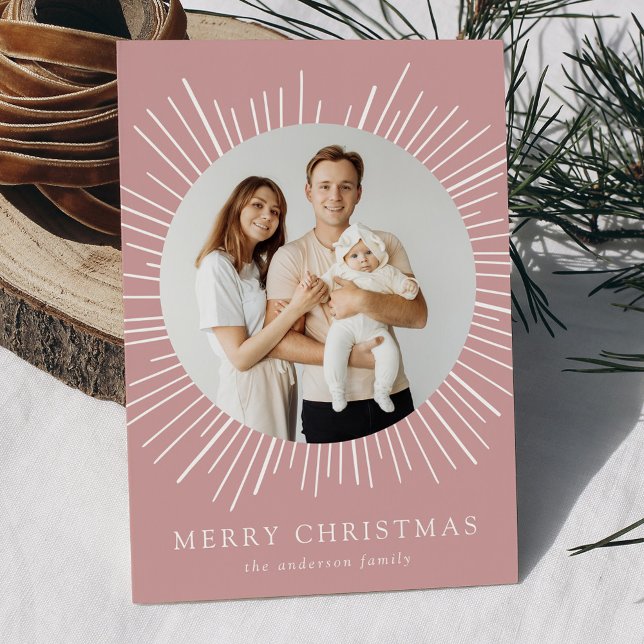 Modern Dusty Rose Sunburst Merry Christmas 2 Photo Holiday Card (Creator Uploaded)