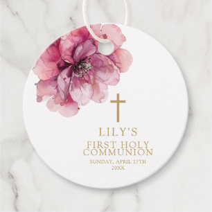Modern Dusty Rose Watercolor Floral Holy Communion Favor Tags