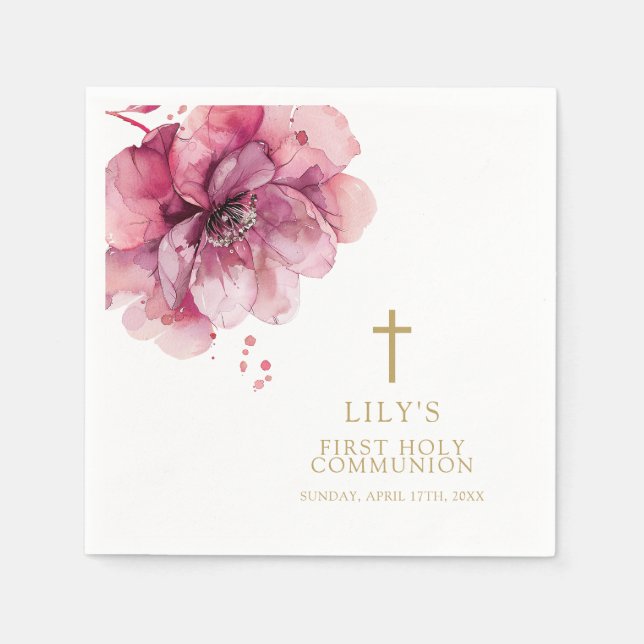 Modern Dusty Rose Watercolor Floral Holy Communion Napkins (Front)