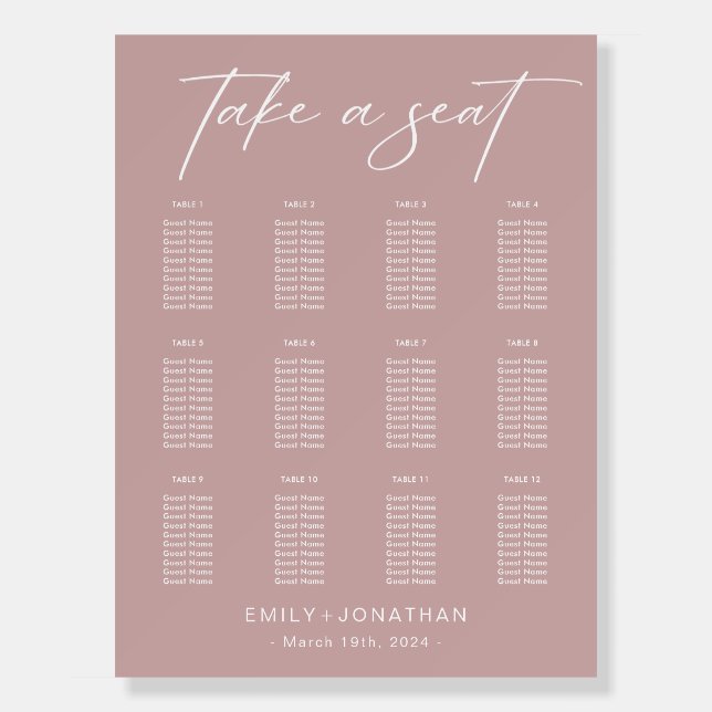 Modern Dusty Rose Wedding Seating chart  Foam Board (Front)