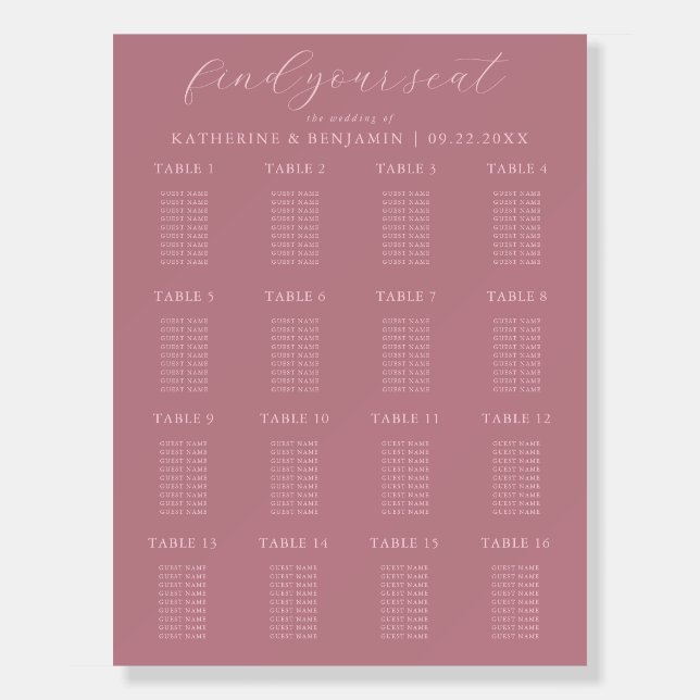 Modern Dusty Rose Wedding Seating Chart Foam Board (Front)