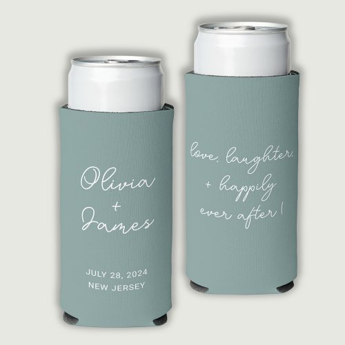 Modern dusty sage green wedding quote seltzer can cooler