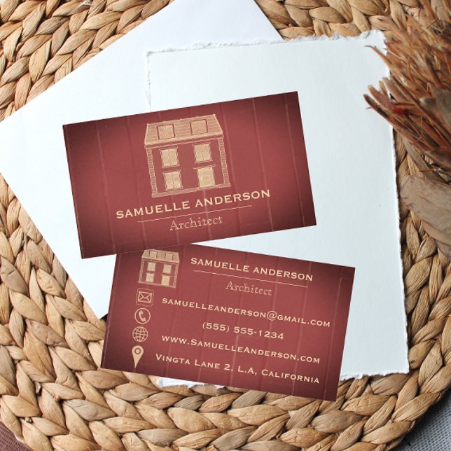 Modern Dusty Wine-Red Wood Architect Construction Business Card (Creator Uploaded)