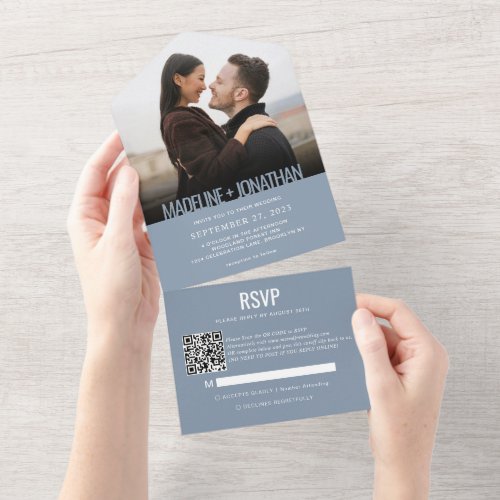Modern Dusy Blue Minimalist Photo QR Code Wedding All In One Invitation