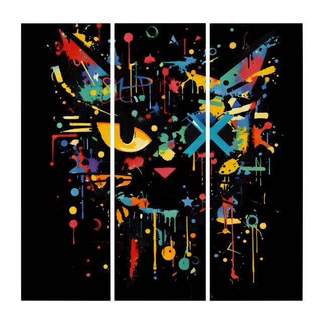Modern Dynamic Paint Splatter Cat Face Triptych (Front)