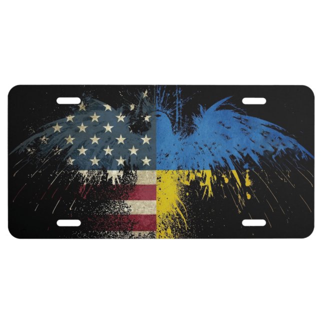 Modern Eagle American Ukrainian Flags License Plate (Front)