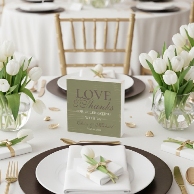 Modern Earth Tone Floral Love and Thanks Wedding  Wooden Box Sign (Express your gratitude with this charming “Love and Thanks” Wooden Block Sign!)