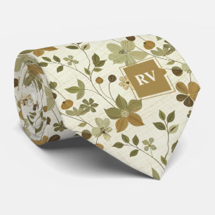 Modern Earth Tone Floral Monogram Neck Tie