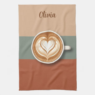 Modern Earth Tone Heart Latte Barista Kitchen Towel