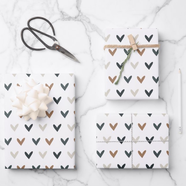 Modern Earth Tone Heart Pattern Wrapping Paper Sheets (Front)