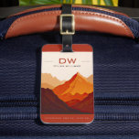Modern Earth Tone Mountains Adventure Monogram Luggage Tag<br><div class="desc">Modern Custom Monogram Luggage tag with mountain graphic in warm earth tones.  Sans Serif Font in a deep terracotta and black shade.  Double-sided option has a light neutral background with sans serif black font.  The bottom fine print says "Adventure awaits. Just Go.",  which is also customizable.</div>