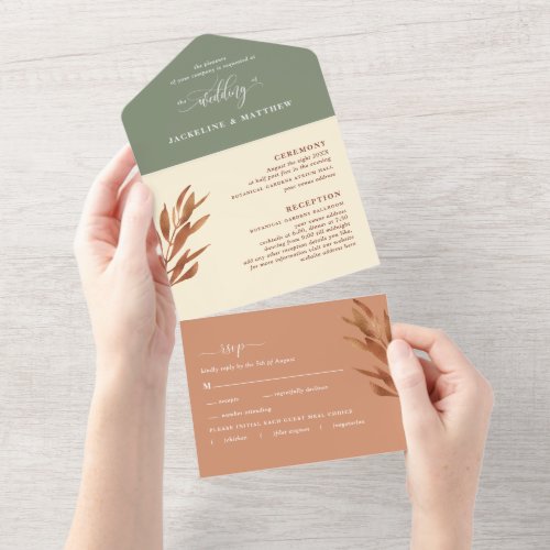 Modern Earth Tone Wedding w Perforated RSVP All In One Invitation