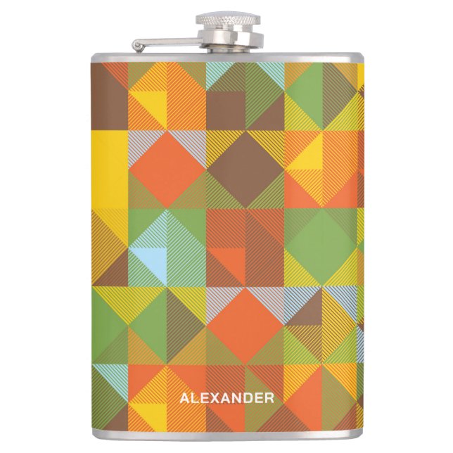 Modern Earthtone Geometric Pattern With Name Flask (Front)