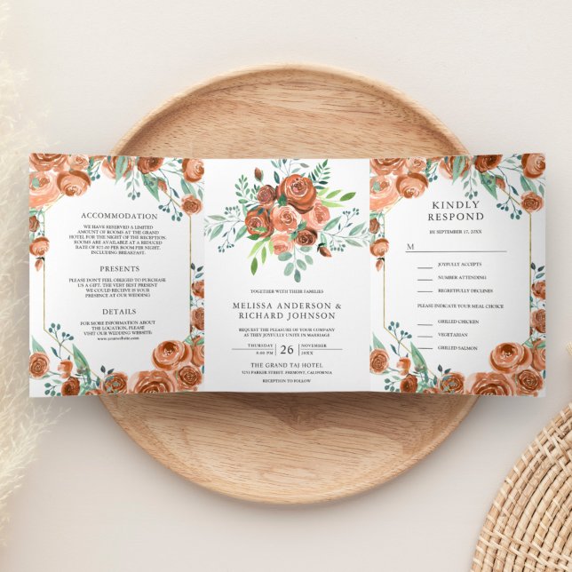 Modern Earthy Burnt Orange Floral 3 in 1 Wedding Tri-Fold Invitation (Creator Uploaded)