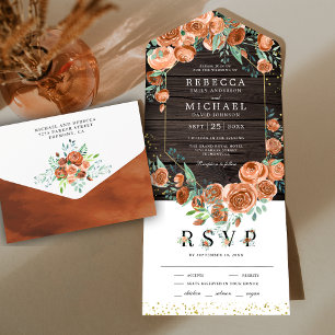 Modern Earthy Burnt Orange Floral Wood Wedding All In One Invitation