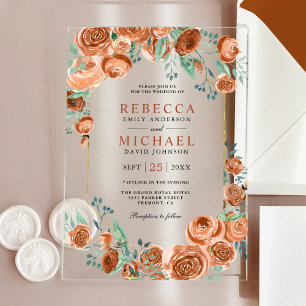 Modern Earthy Burnt Orange Roses Floral Wedding Acrylic Invitations