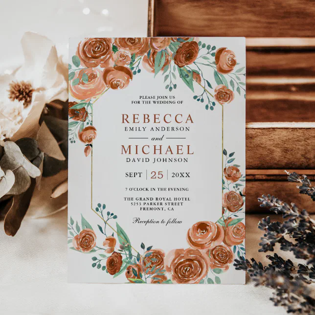 Modern Earthy Burnt Orange Roses Floral Wedding Invitation | Zazzle