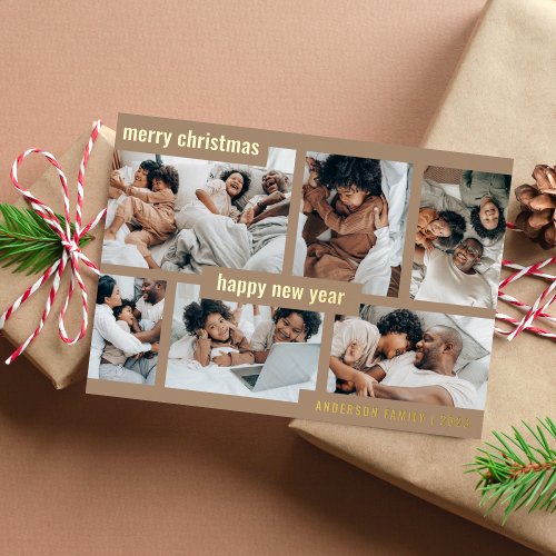 Modern Earthy Christmas New Year Six Photo Collage Foil Holiday Card