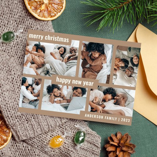 Modern Earthy Christmas New Year Six Photo Collage Holiday Card