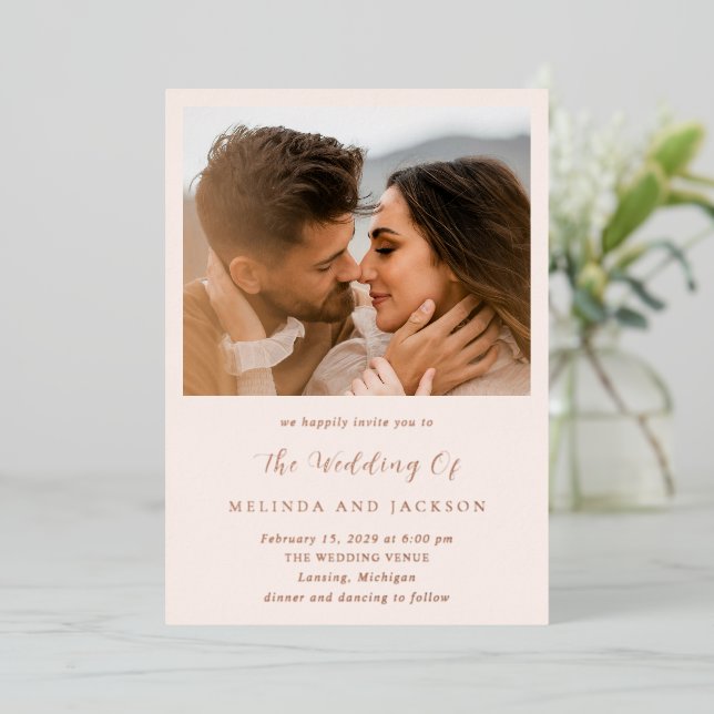 Modern Earthy Neutral Photo Wedding Foil Invitation (Standing Front)
