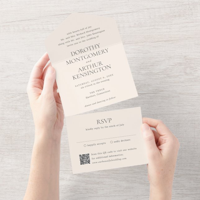 Modern Earthy Neutral QR Code Elegant Wedding All In One Invitation (Tearaway)