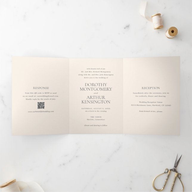 Modern Earthy Neutral QR Code Elegant Wedding Tri-Fold Invitation (Inside)