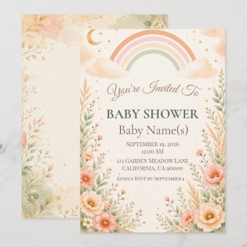 Modern Earthy Rainbow Baby Shower | Pastel Rainbow Invitation