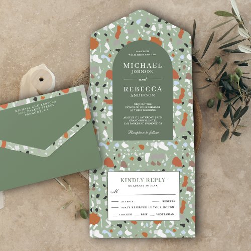 Modern Earthy Sage Green Terrazzo Tile Wedding All In One Invitation