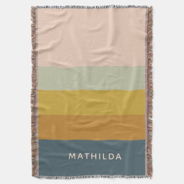 Modern Earthy Striped Personalized Name Cozy Throw Blanket (Front Vertical)