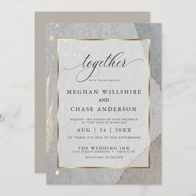 Modern Earthy Watercolor Splash on Granite Stone Invitation (Front/Back)