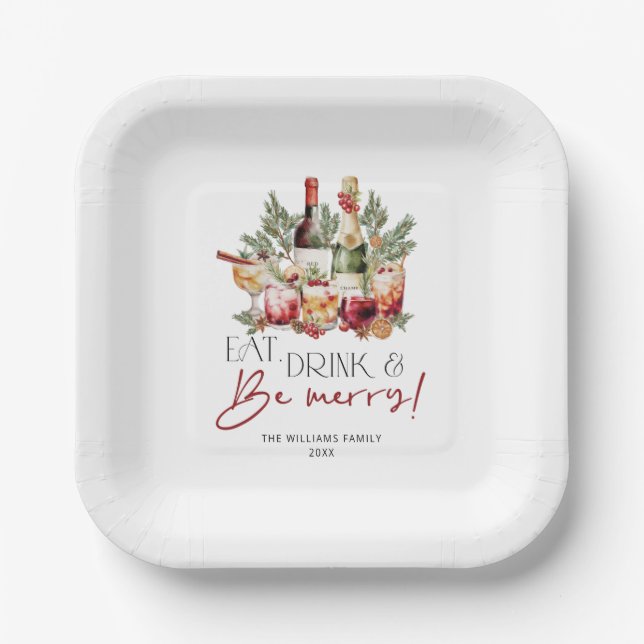 Modern Eat Drink and Be Merry Christmas Holiday Paper Plates (Front)