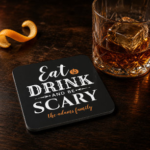 Modern Eat Drink and Be Scary Black Halloween Beverage Coaster